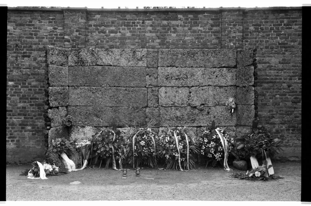 B/W photo of flowers laid by a firing squad area.  Nikon D70 Film Camera 2004 - Negative Scan from Nikon COOLSCAN V ED 2008