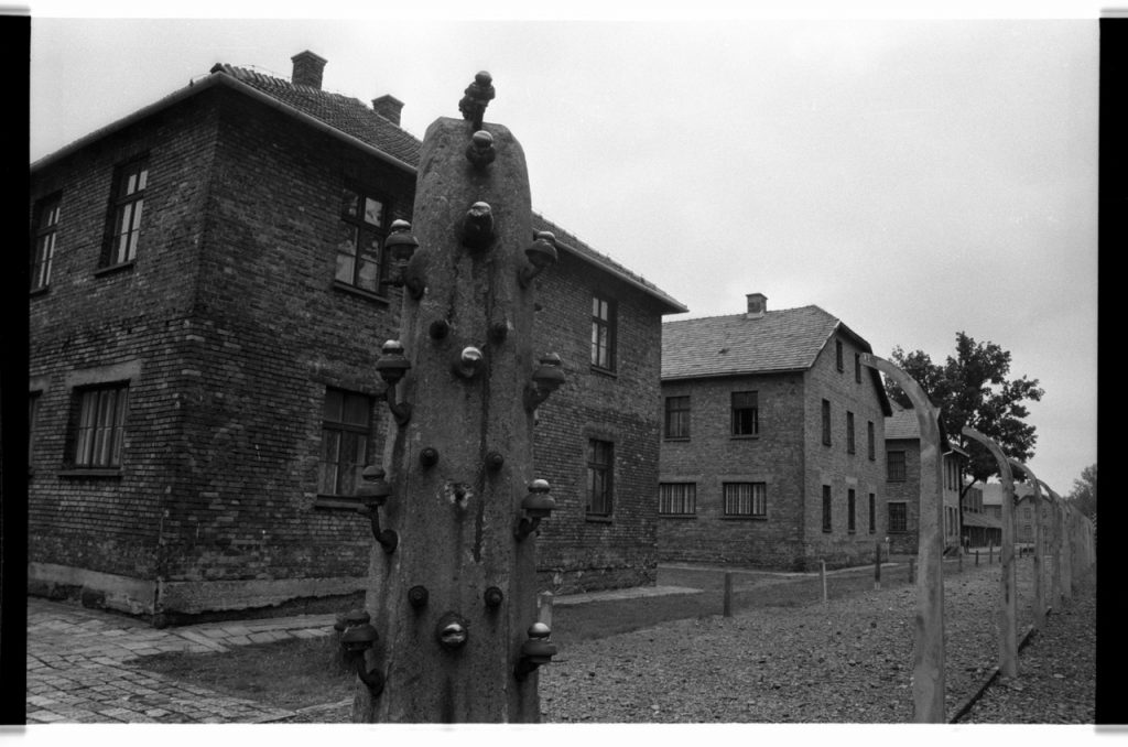 B/W photo fence posts with brick buildings in background. Fence post has electricity conductors on it. Nikon D70 Film Camera 2004 - Negative Scan from Nikon COOLSCAN V ED 2008