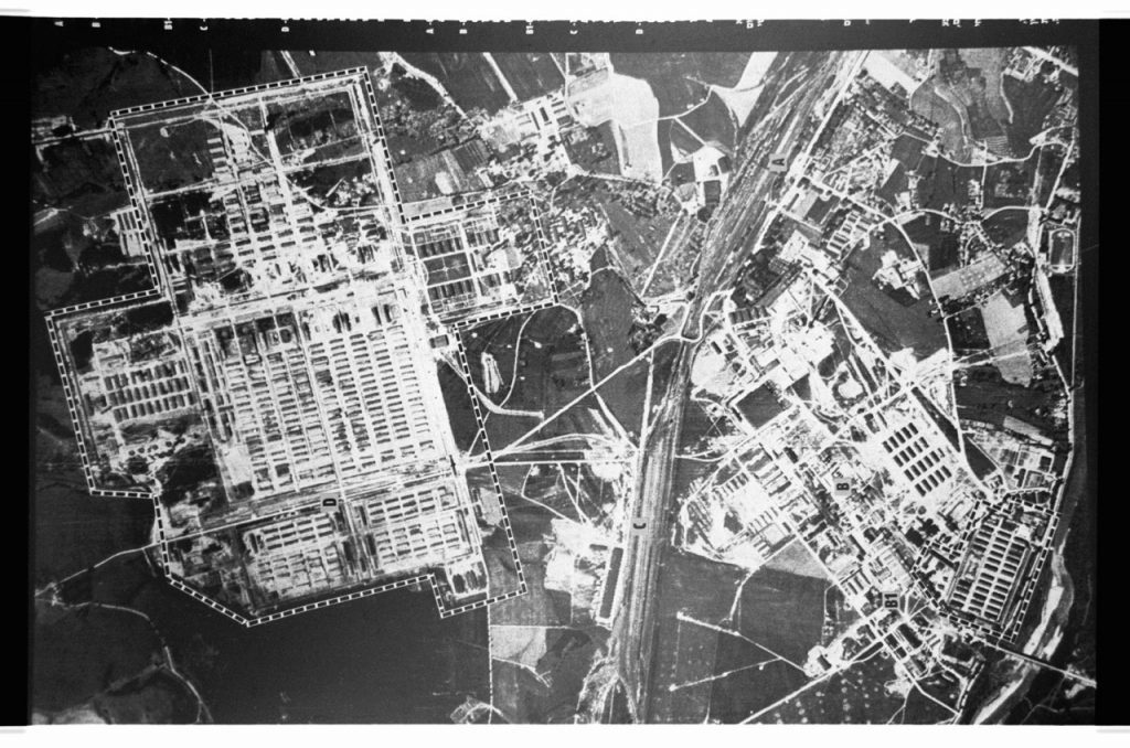 B/W photo a map of Auschwitz. Photograph shows many roads, buildings, and crematoriums.  Nikon D70 Film Camera 2004 - Negative Scan from Nikon COOLSCAN V ED 2008